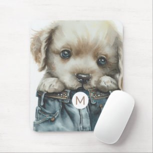Cute Puppy in Jeans Art Monogram Mousepad