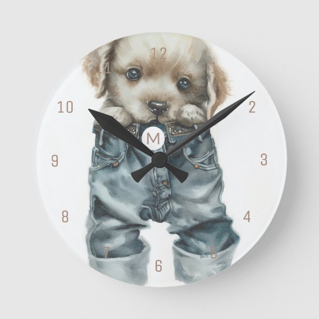 Cute Puppy in Jeans Art Monogram Round Clock (Front)