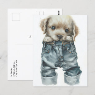 Cute Puppy in Jeans Art Postcard