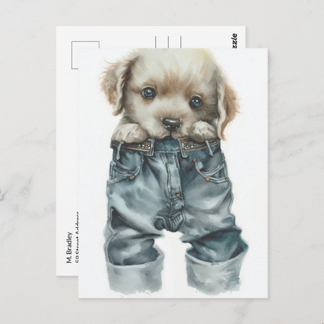Cute Puppy in Jeans Art Postcard (Front/Back)