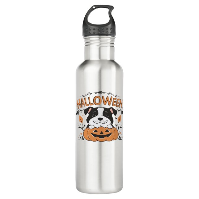 Cute Puppy in Pumpkin � Halloween Dog Illustration 710 Ml Water Bottle (Front)