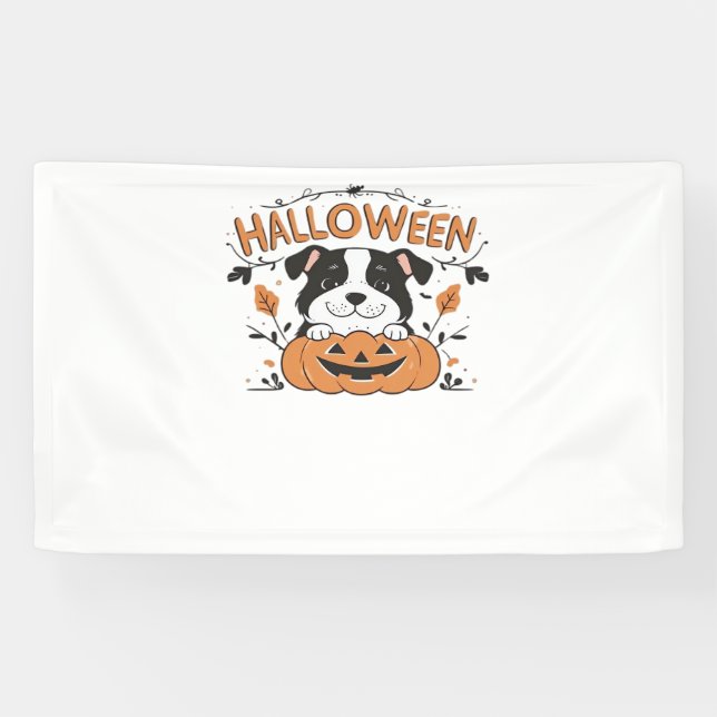 Cute Puppy in Pumpkin – Halloween Dog Illustration Banner (Horizontal)