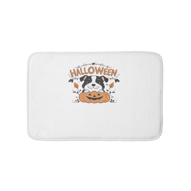 Cute Puppy in Pumpkin – Halloween Dog Illustration Bath Mat (Front)