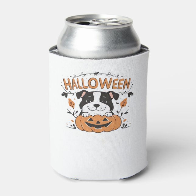Cute Puppy in Pumpkin � Halloween Dog Illustration Can Cooler (Can Front)