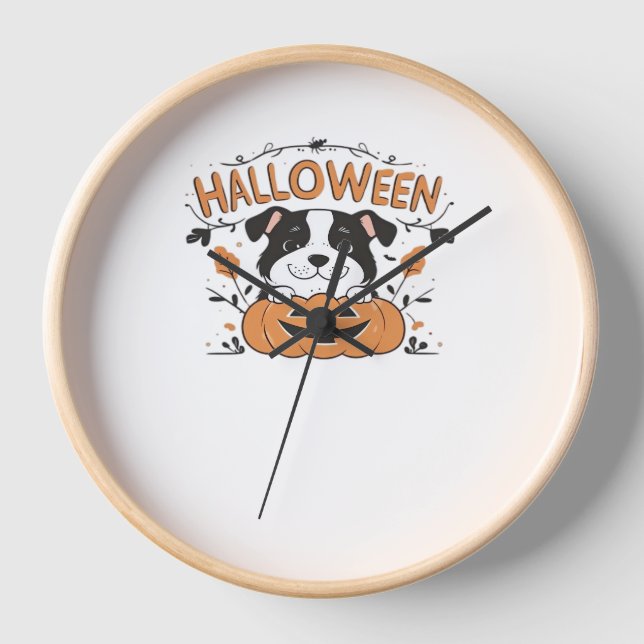 Cute Puppy in Pumpkin – Halloween Dog Illustration Clock (Front)