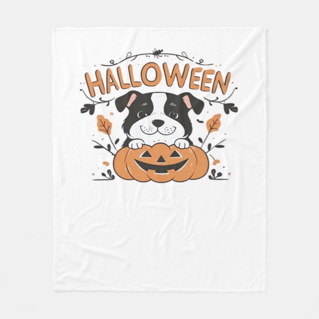 Cute Puppy in Pumpkin – Halloween Dog Illustration Fleece Blanket (Front)