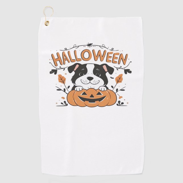 Cute Puppy in Pumpkin – Halloween Dog Illustration Golf Towel (Front)