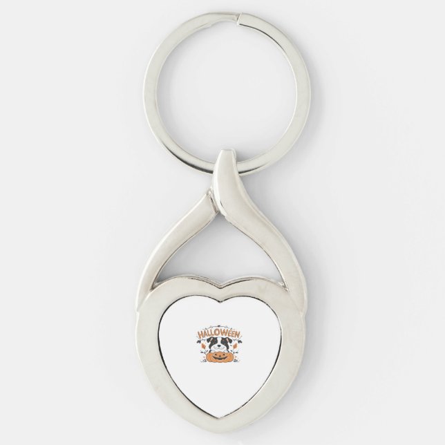 Cute Puppy in Pumpkin – Halloween Dog Illustration Key Ring (Front)