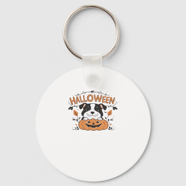 Cute Puppy in Pumpkin � Halloween Dog Illustration Key Ring (Front)