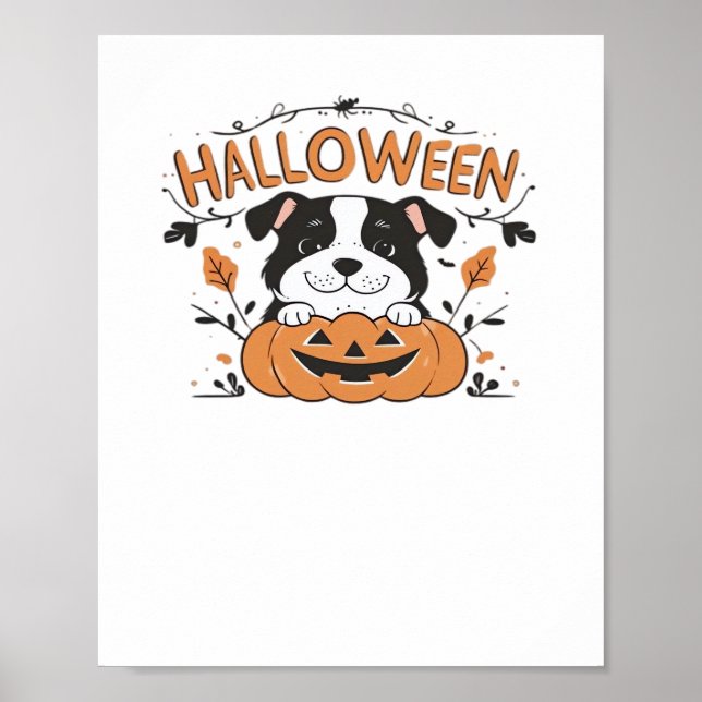 Cute Puppy in Pumpkin – Halloween Dog Illustration Poster (Front)