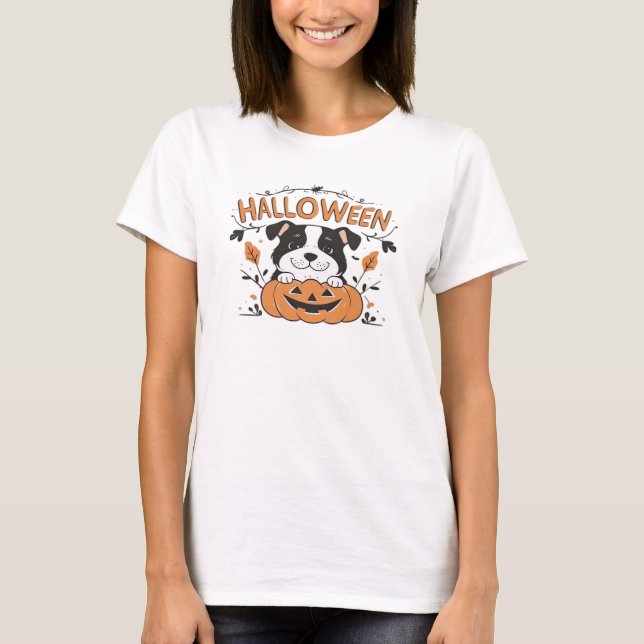 Cute Puppy in Pumpkin � Halloween Dog Illustration T-Shirt (Front)