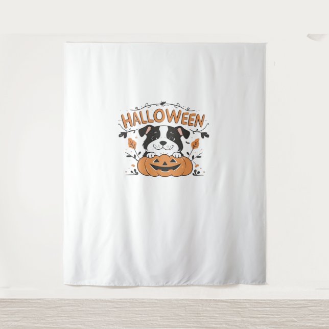 Cute Puppy in Pumpkin – Halloween Dog Illustration Tapestry (Front)