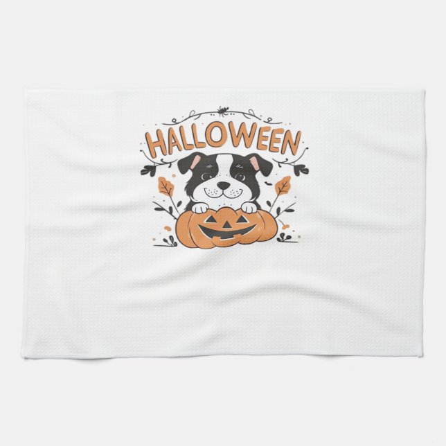 Cute Puppy in Pumpkin � Halloween Dog Illustration Tea Towel (Horizontal)