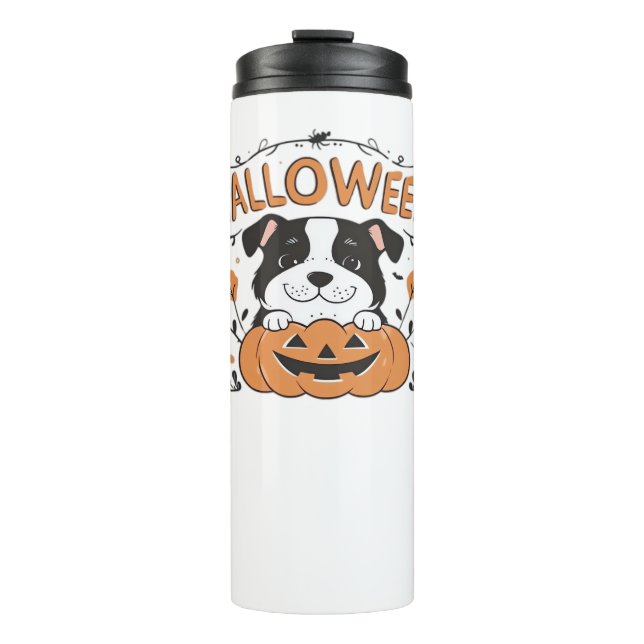 Cute Puppy in Pumpkin – Halloween Dog Illustration Thermal Tumbler (Front)