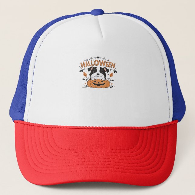 Cute Puppy in Pumpkin � Halloween Dog Illustration Trucker Hat (Front)