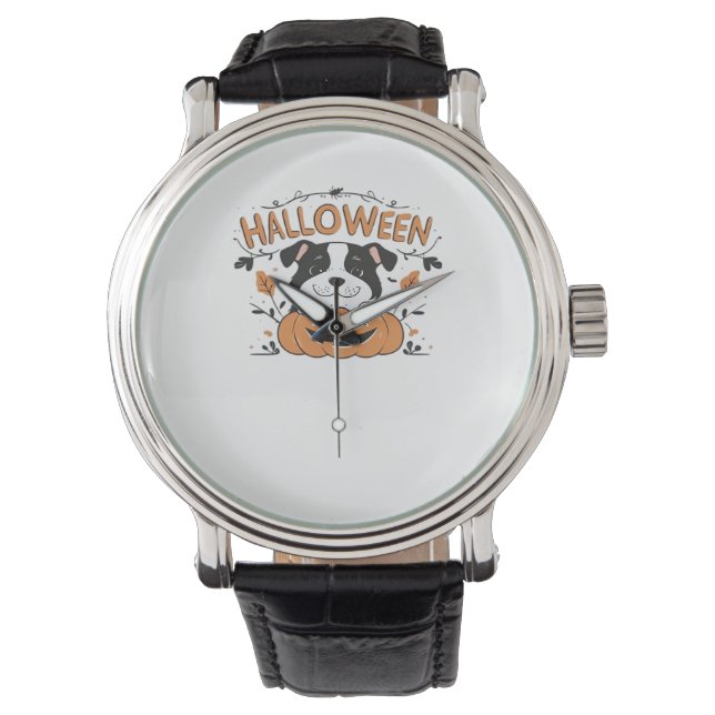 Cute Puppy in Pumpkin – Halloween Dog Illustration Watch (Front)