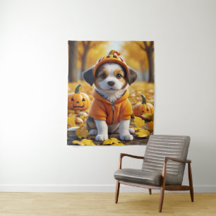 Cute Puppy in Pumpkin Halloween Dog Lovers Tapestry