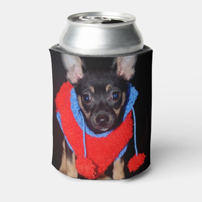 Cute Puppy in Red Wool Sweater Can Cooler (Can Back)