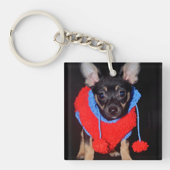 Cute Puppy in Red Wool Sweater Key Ring (Front)