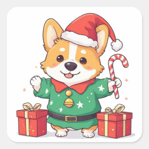 Cute Puppy In Santa Hat With Christmas Snow Square Sticker