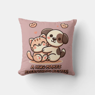 Cute Puppy & Kitten Hug - Adorable Kawaii Design Cushion