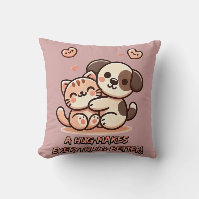 Cute Puppy & Kitten Hug - Adorable Kawaii Design Cushion (Front)