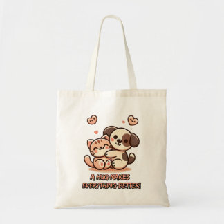 Cute Puppy & Kitten Hug - Adorable Kawaii Design Tote Bag