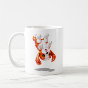 Cute puppy levitating with its head upside down coffee mug