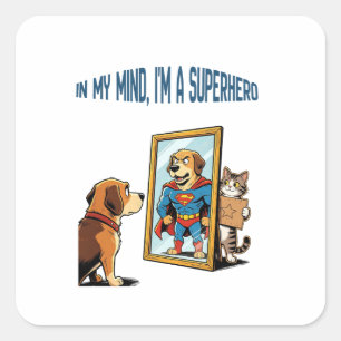  Cute Puppy Looking in Mirror Seeing Superhero Dog Square Sticker