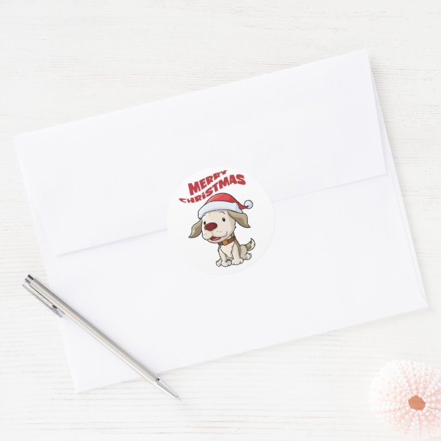 Cute puppy Merry Christmas Classic Round Sticker (Envelope)