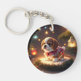 Cute Puppy Merry Christmas Key Ring