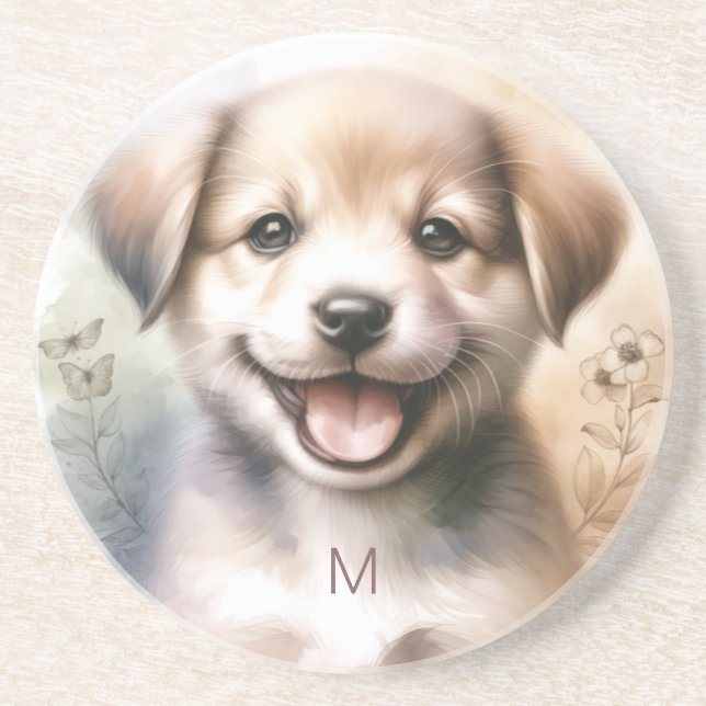 Cute Puppy Monogram Coaster (Front)