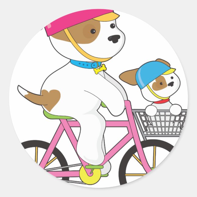 Cute Puppy on Bike Classic Round Sticker (Front)