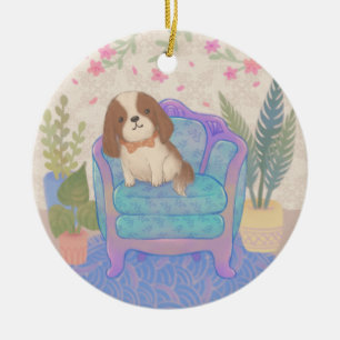 Cute Puppy on Vintage Armchair Illustration Ceramic Tree Decoration