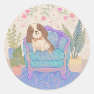 Cute Puppy on Vintage Armchair Illustration Classic Round Sticker