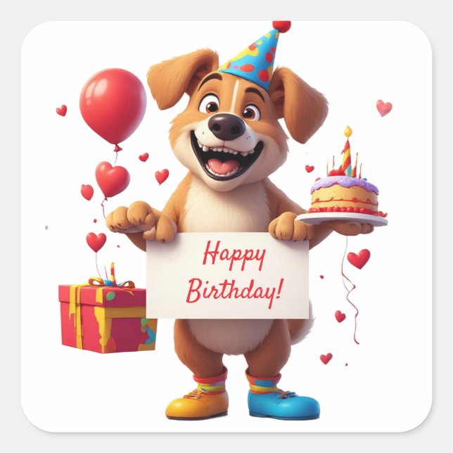 Cute Puppy Party With Gift Box 🐾 Square Sticker (Front)
