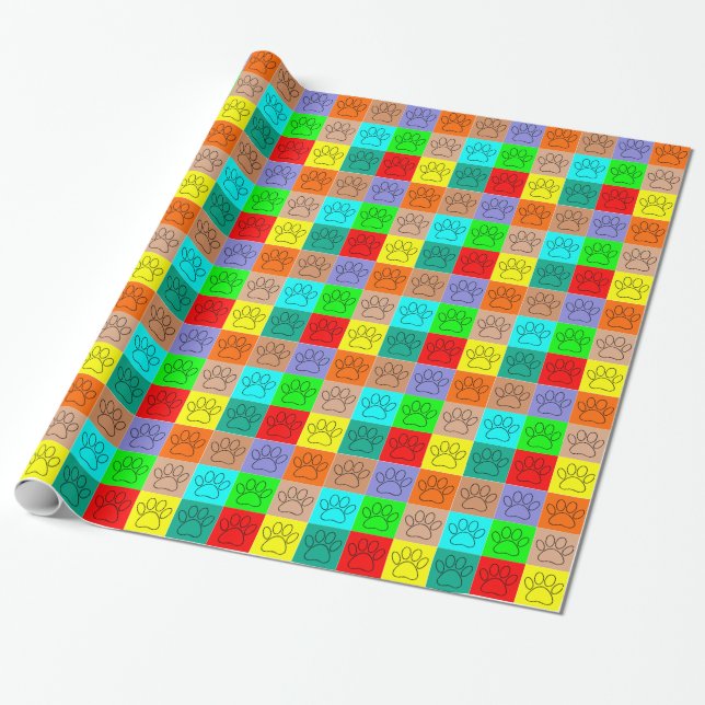 Cute Puppy Paws In Squares Wrapping Paper (Unrolled)