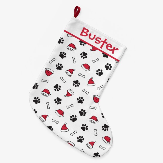 Cute Puppy Paws, Santa Hats and Bones Large Christmas Stocking (Front (Hanging))