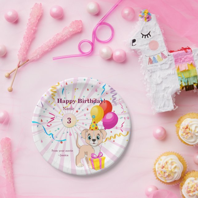 Cute Puppy Personalised Birthday Girl Paper Plate (Party)