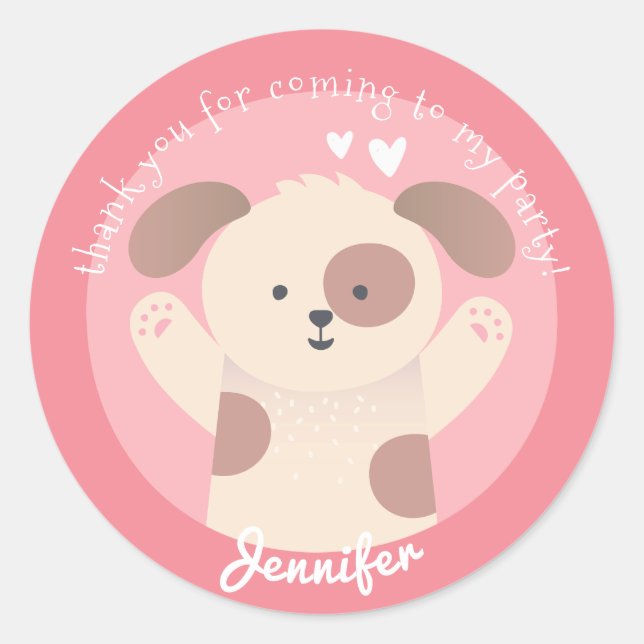 Cute Puppy - Personalised Kids Birthday Thank You Classic Round Sticker (Front)