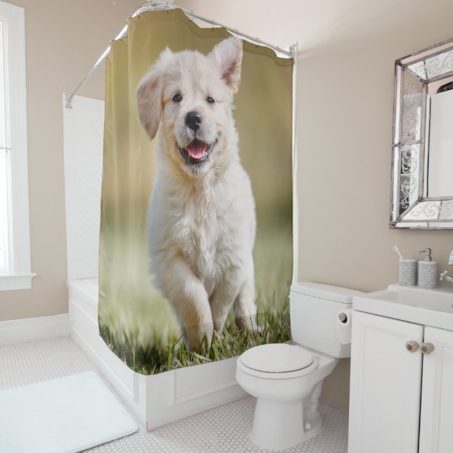 Cute Puppy Personalised Photo Dog Shower Curtain (In Situ)