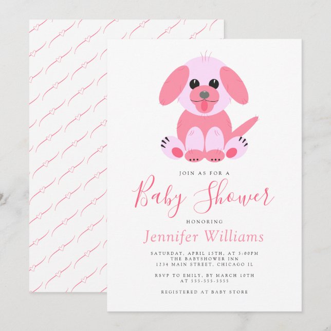 Cute Puppy Pink Personalised Baby Girl Shower  Invitation (Front/Back)
