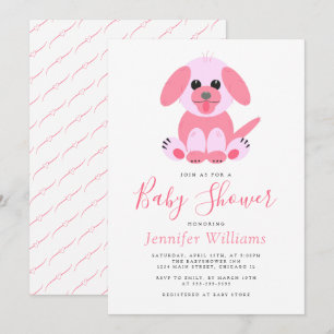 Cute Puppy Pink Personalised Baby Girl Shower Invitation