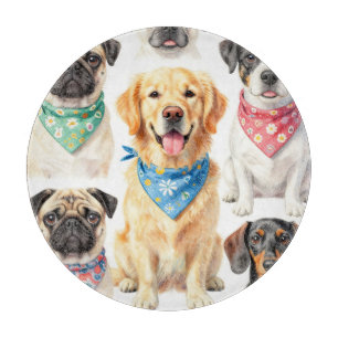 Cute Puppy Portraits Bandana Collage Watercolor Cutting Board
