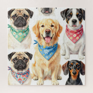 Cute Puppy Portraits Bandana Collage Watercolor Jigsaw Puzzle