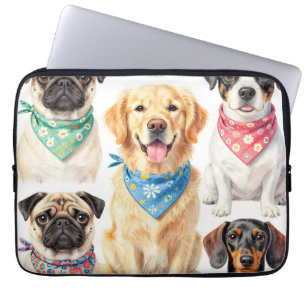 Cute Puppy Portraits Bandana Collage Watercolor Laptop Sleeve