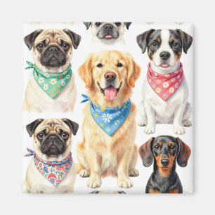Cute Puppy Portraits Bandana Collage Watercolor Magnet
