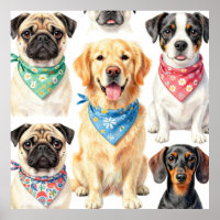 Cute Puppy Portraits Bandana Collage Watercolor