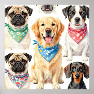 Cute Puppy Portraits Bandana Collage Watercolor Poster