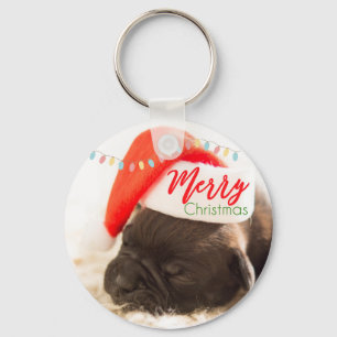 Cute Puppy Pug in a Red Santa Hat Christmas Key Ring